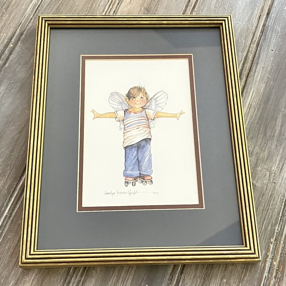 1995 Carolyn Shores Wright Cherub Skater Framed Art boy jeans 9x11 angel blue
